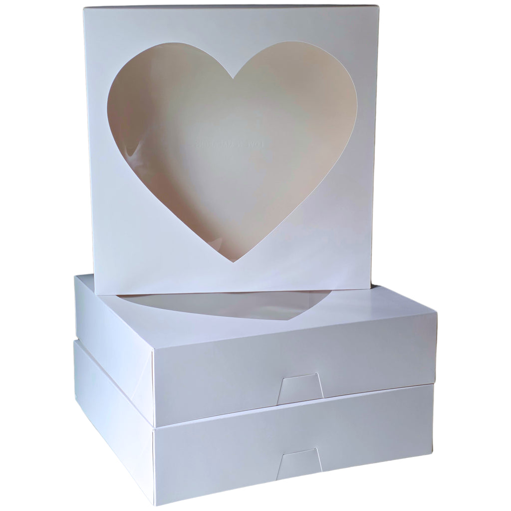 Auto Pop-Up White Bakery Boxes with Heart Window - 12x12x3 Inch Pastry Boxes for Macarons, Cupcakes, Cookies, and Chocolate Covered Strawberries - No Assembly Needed Large Treat Gift Boxes