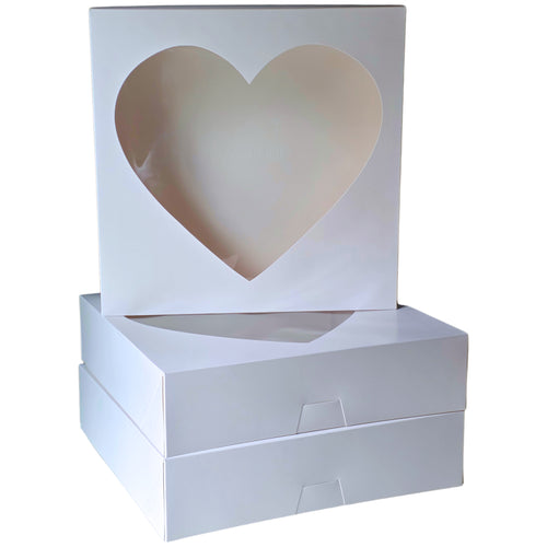 Auto Pop-Up White Bakery Boxes with Heart Window - 12x12x3 Inch Pastry Boxes for Macarons, Cupcakes, Cookies, and Chocolate Covered Strawberries - No Assembly Needed Large Treat Gift Boxes