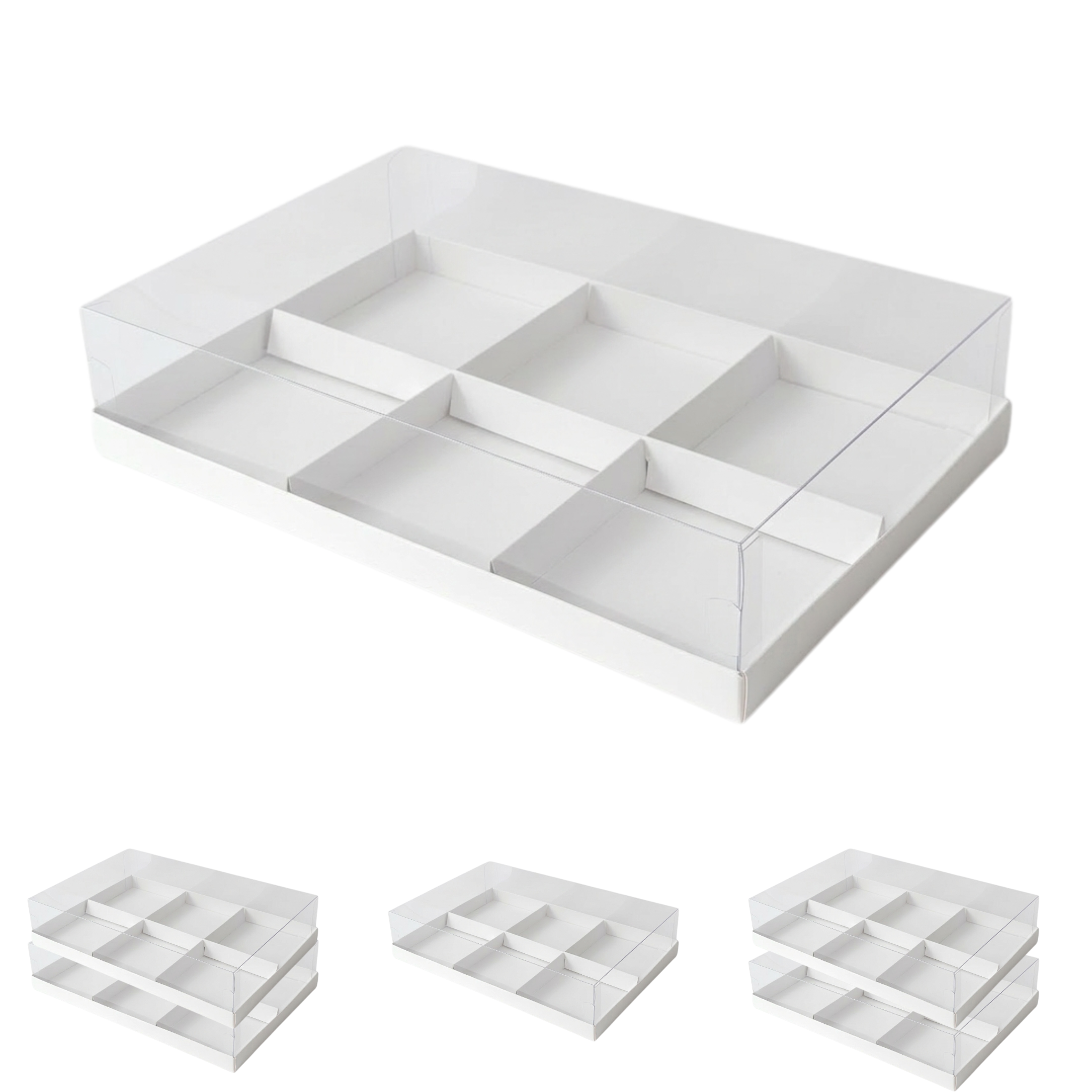 6-Pack Boxes with Clear Transparent Lid and Dividers, 6 Cavity, White Glossy Packaging Bakery Supplies for Mousse Cake Tarts Macarons