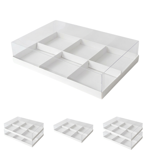 6-Pack Boxes with Clear Transparent Lid and Dividers, 6 Cavity, White Glossy Packaging Bakery Supplies for Mousse Cake Tarts Macarons