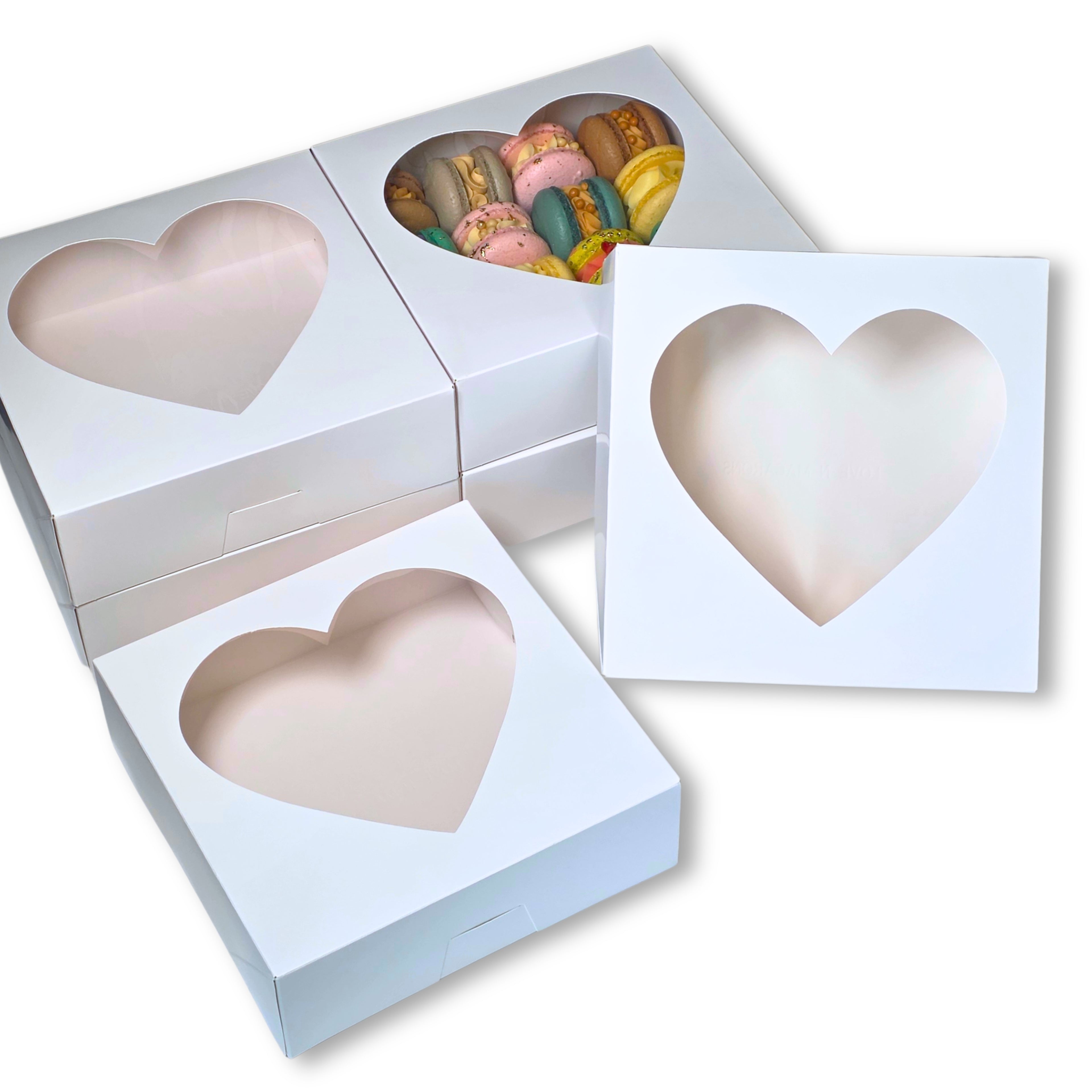 Auto Pop-Up Bakery Boxes with Heart Window - 8x8x2.5 Inch White Pastry Boxes for Macarons, Cupcakes, Cookies, and Chocolate Covered Strawberries - No Assembly Needed Treat Gift Boxes