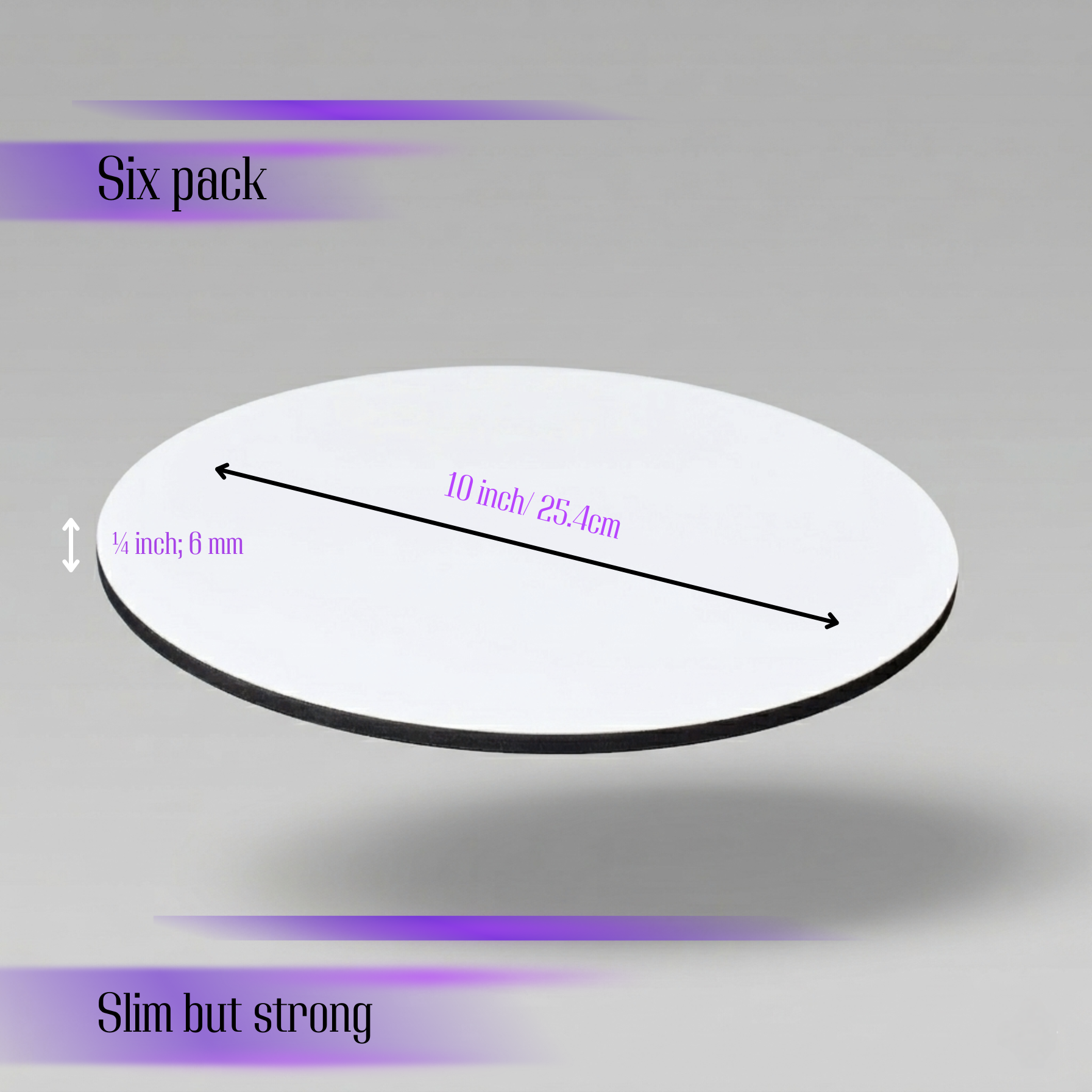 Professional 10" MDF Cake Drums (6 Pack) | 1/4 Inch Ultra-Slim Non-Bending Cake Board Base | Elegant White Top with Matte Black Studio Edges, Reusable & Grease-Proof