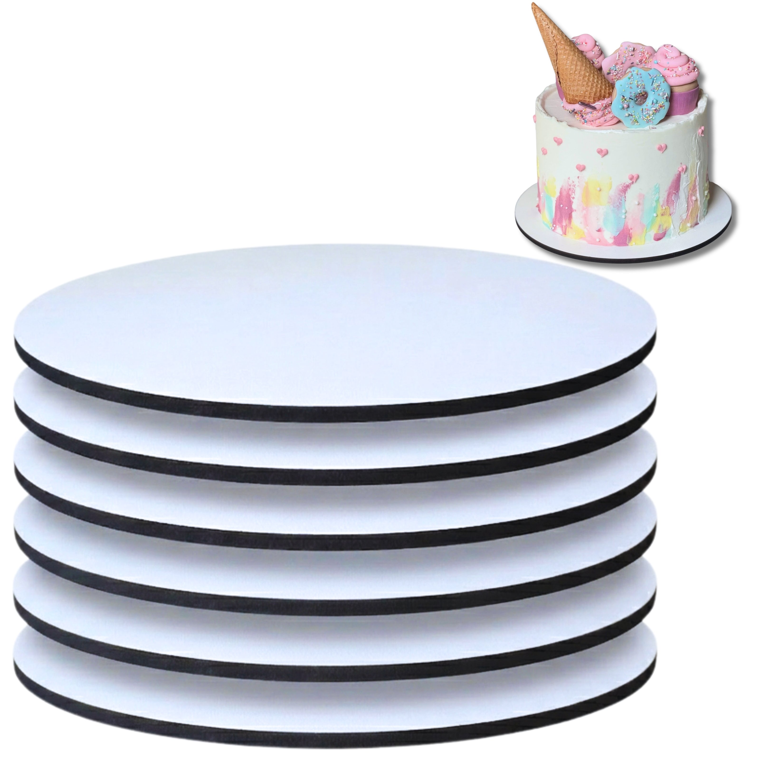 Professional 10" MDF Cake Drums (6 Pack) | 1/4 Inch Ultra-Slim Non-Bending Cake Board Base | Elegant White Top with Matte Black Studio Edges, Reusable & Grease-Proof