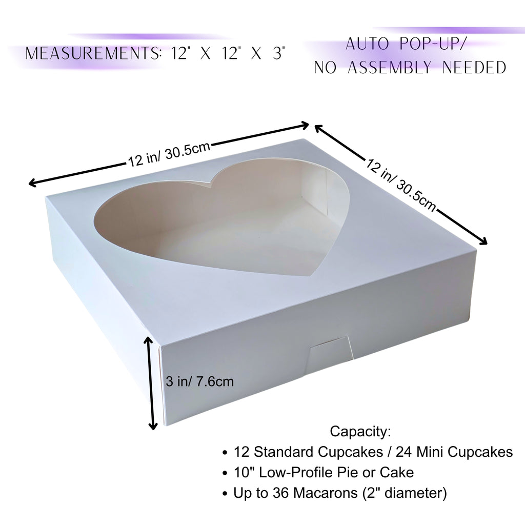 Auto Pop-Up White Bakery Boxes with Heart Window - 12x12x3 Inch Pastry Boxes for Macarons, Cupcakes, Cookies, and Chocolate Covered Strawberries - No Assembly Needed Large Treat Gift Boxes