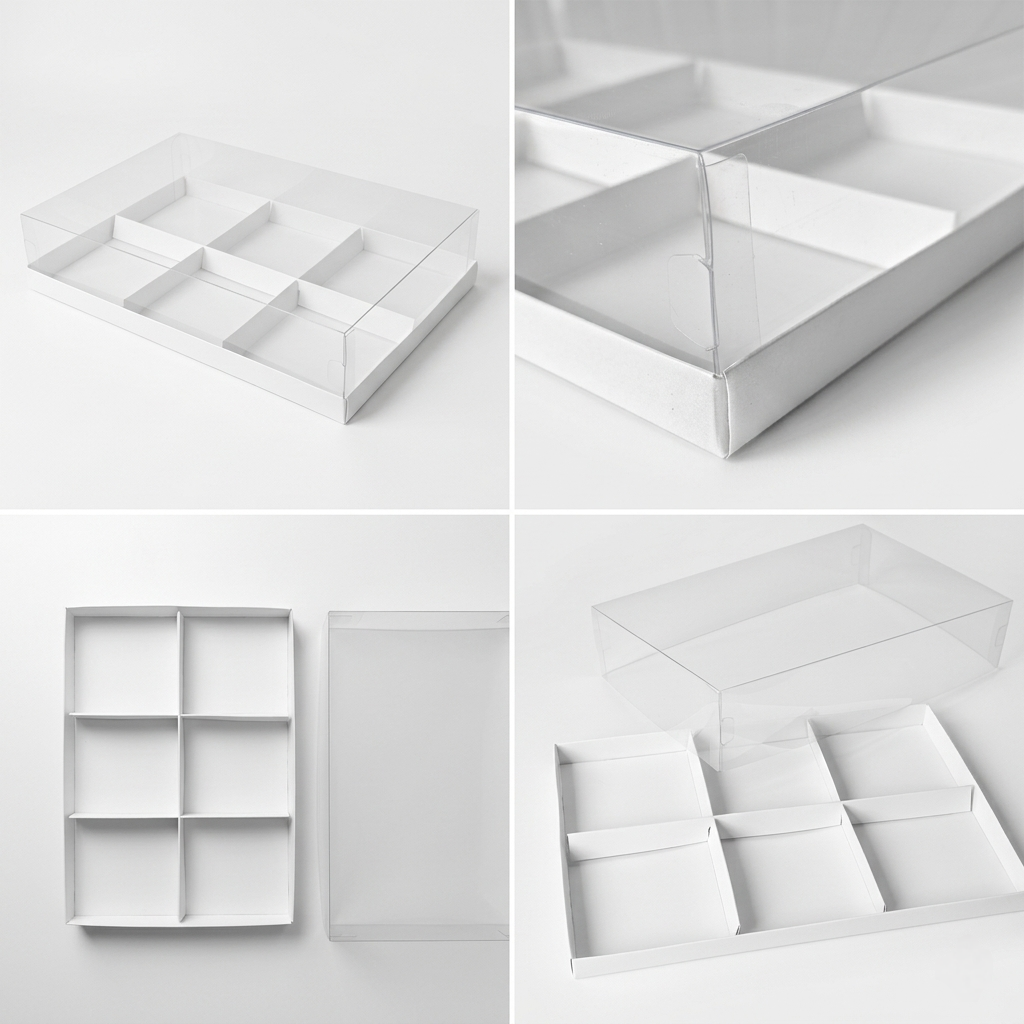 6-Pack Boxes with Clear Transparent Lid and Dividers, 6 Cavity, White Glossy Packaging Bakery Supplies for Mousse Cake Tarts Macarons