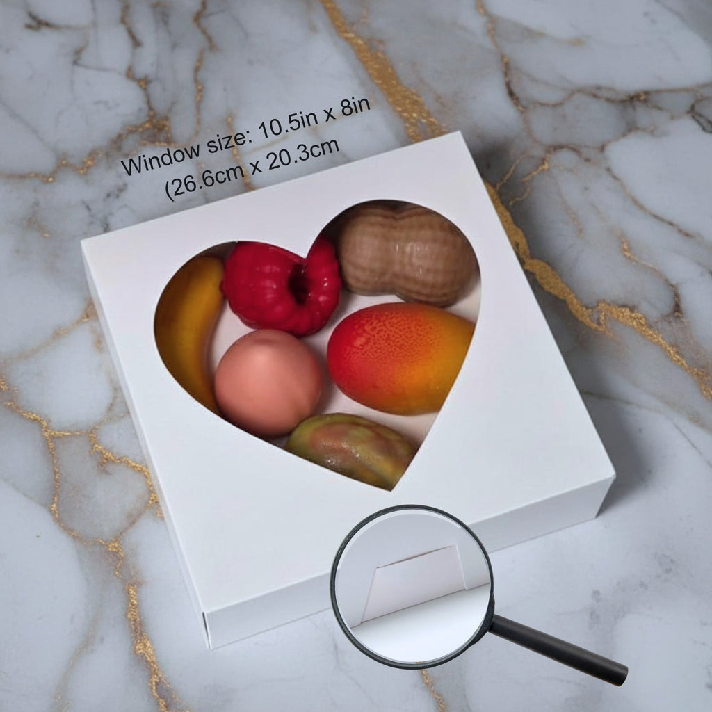 Auto Pop-Up White Bakery Boxes with Heart Window - 12x12x3 Inch Pastry Boxes for Macarons, Cupcakes, Cookies, and Chocolate Covered Strawberries - No Assembly Needed Large Treat Gift Boxes