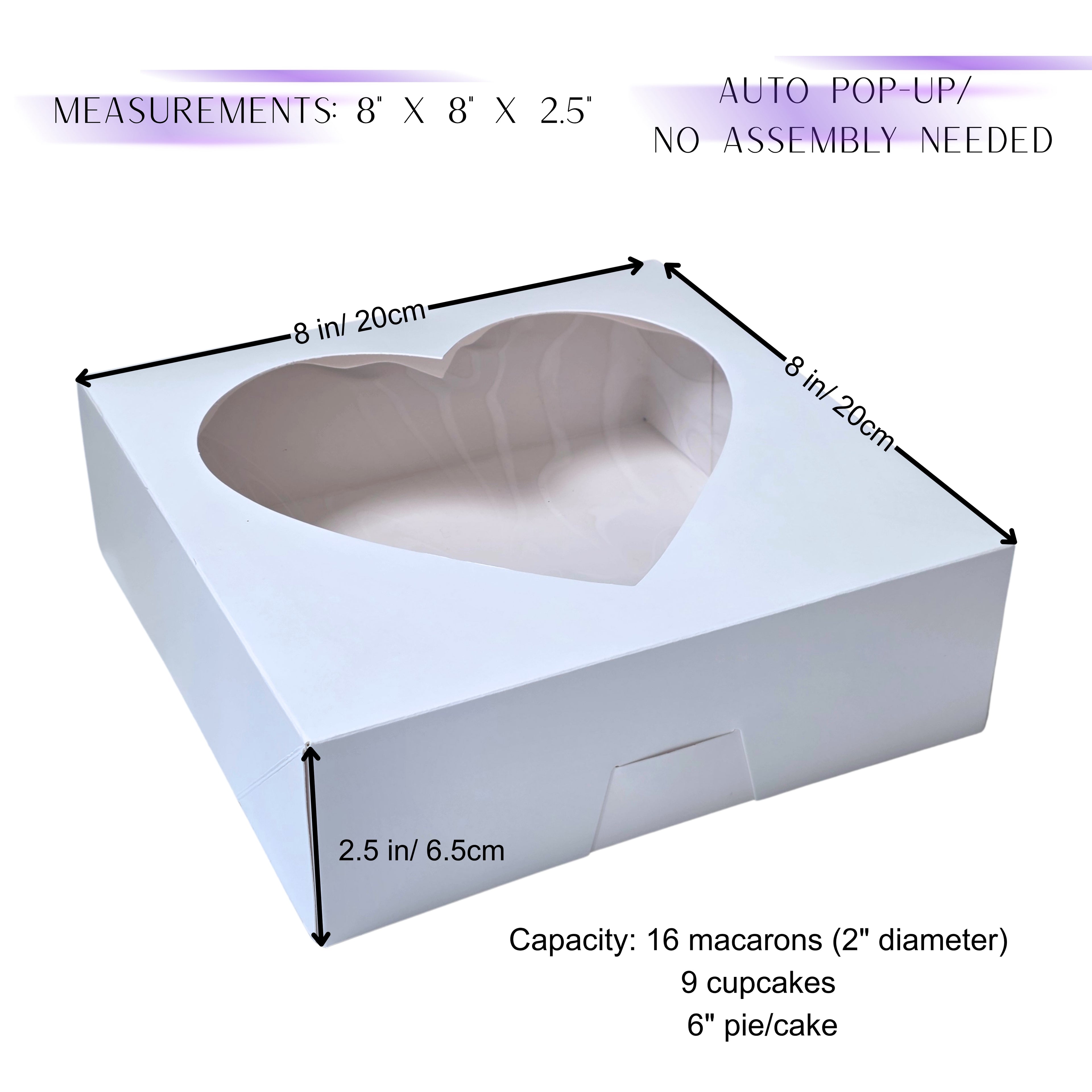 Auto Pop-Up Bakery Boxes with Heart Window - 8x8x2.5 Inch White Pastry Boxes for Macarons, Cupcakes, Cookies, and Chocolate Covered Strawberries - No Assembly Needed Treat Gift Boxes
