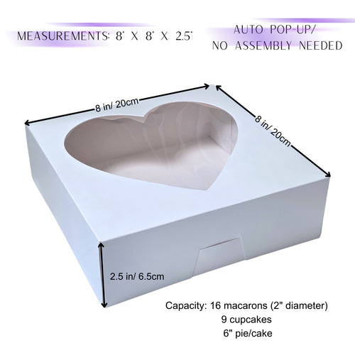 Auto Pop-Up Bakery Boxes with Heart Window - 8x8x2.5 Inch White Pastry Boxes for Macarons, Cupcakes, Cookies, and Chocolate Covered Strawberries - No Assembly Needed Treat Gift Boxes