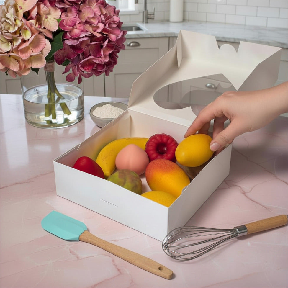 Auto Pop-Up Bakery Boxes with Heart Window - 8x8x2.5 Inch White Pastry Boxes for Macarons, Cupcakes, Cookies, and Chocolate Covered Strawberries - No Assembly Needed Treat Gift Boxes