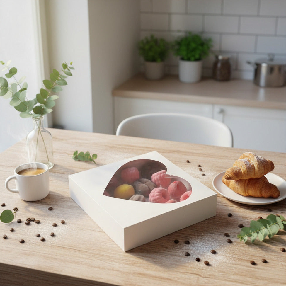 Auto Pop-Up White Bakery Boxes with Heart Window - 12x12x3 Inch Pastry Boxes for Macarons, Cupcakes, Cookies, and Chocolate Covered Strawberries - No Assembly Needed Large Treat Gift Boxes
