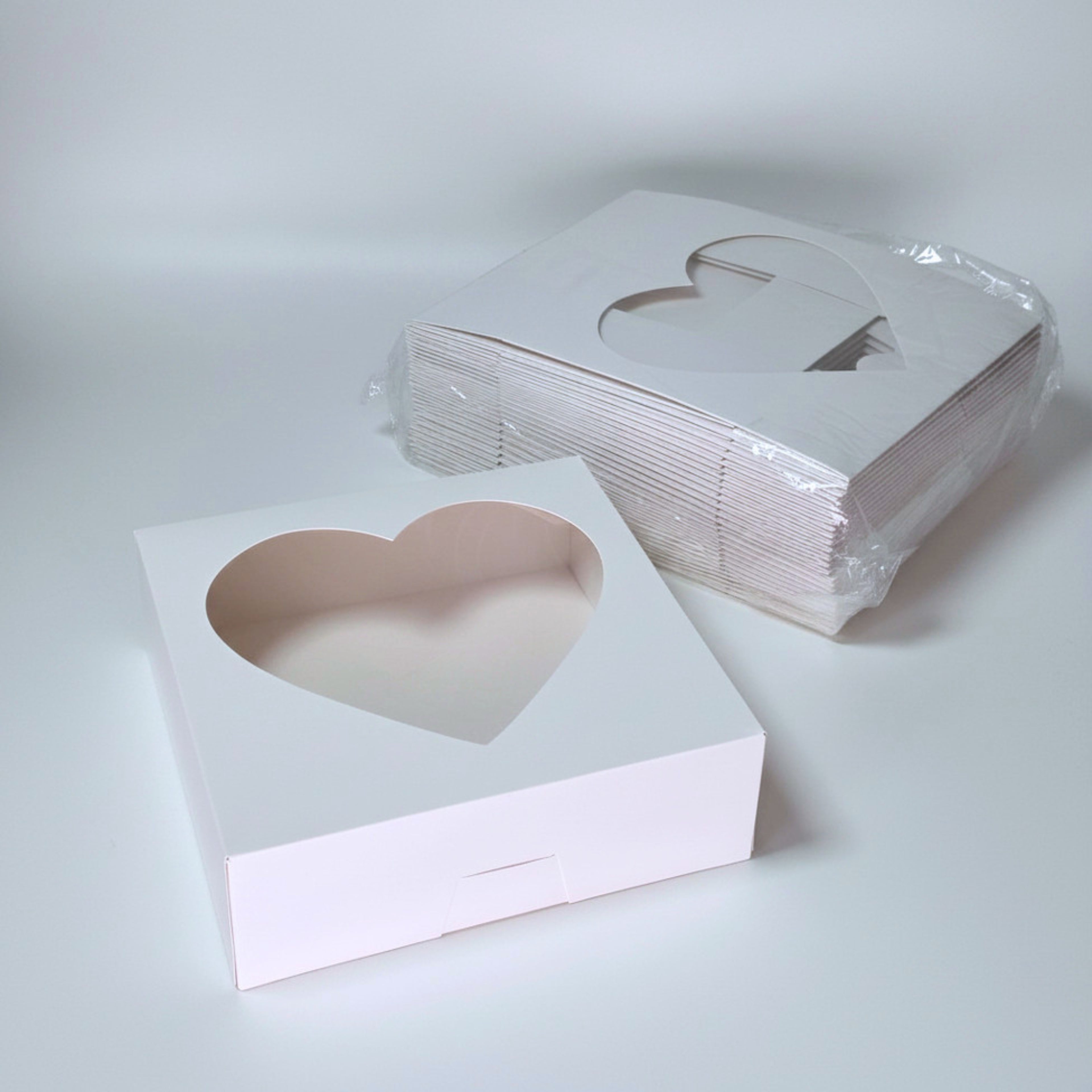 Auto Pop-Up Bakery Boxes with Heart Window - 8x8x2.5 Inch White Pastry Boxes for Macarons, Cupcakes, Cookies, and Chocolate Covered Strawberries - No Assembly Needed Treat Gift Boxes